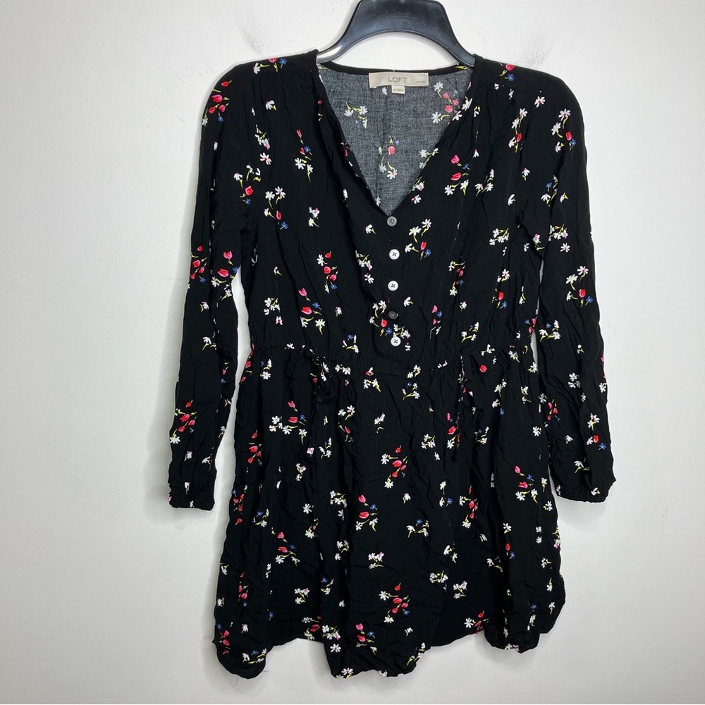 Loft‎ black floral mini dress long sleeve women’s size XSP petite business